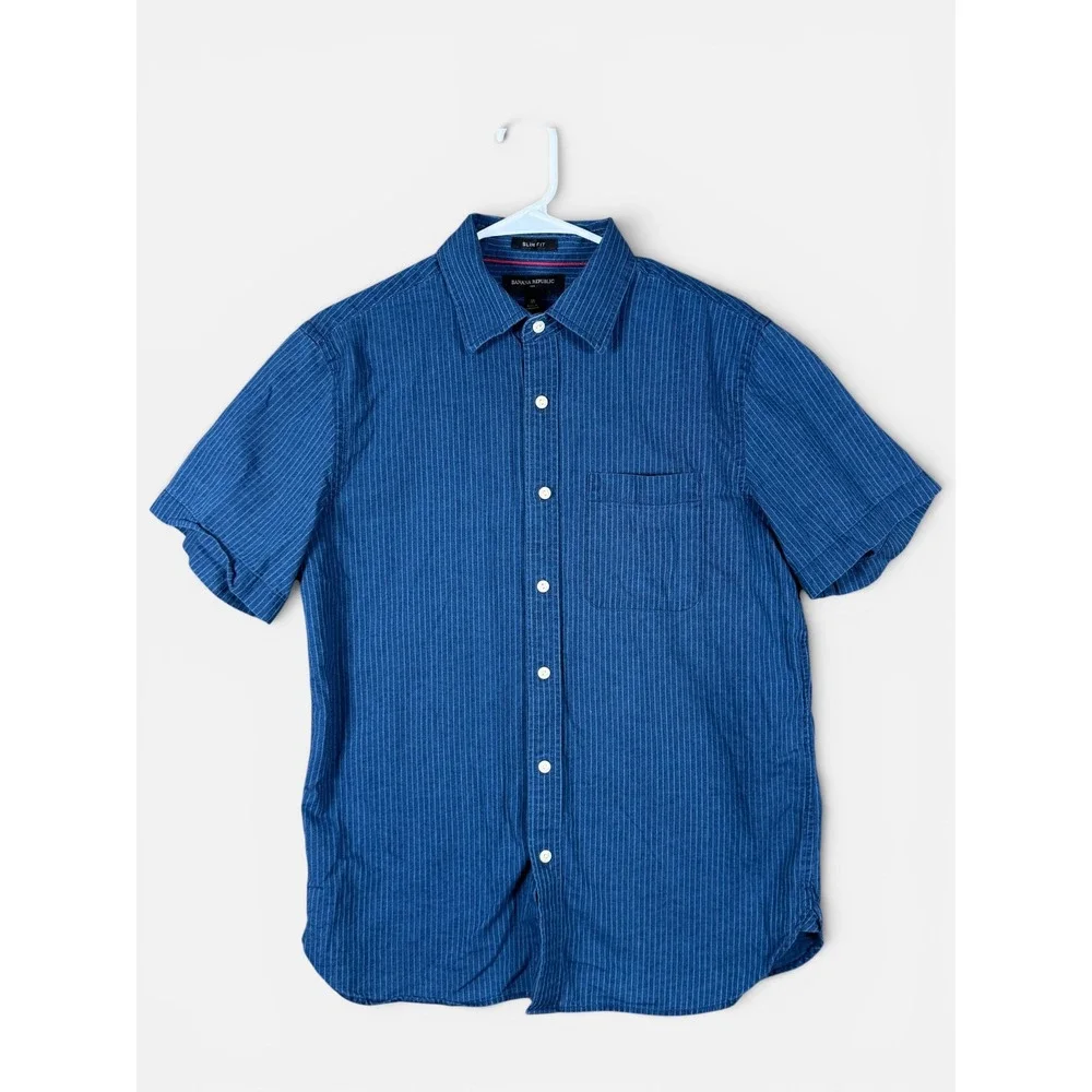 Banana Republic Button Down Shirt Mens Medium Blue Stripes Slim Fit Short Sleeve